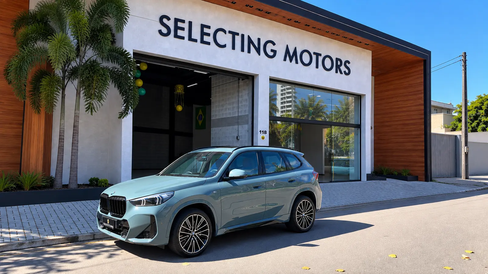 Fachada da Selecting Motors, em Fortaleza, com um BMW X1 M Sport estacionado à frente